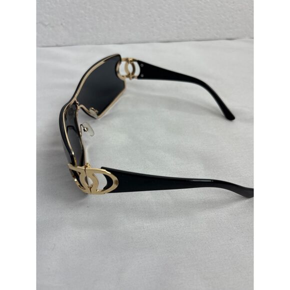 Black Y2K Shield Rimless Sunglasses Gold CC Accent Trendy Classy - Picture 4 of 7